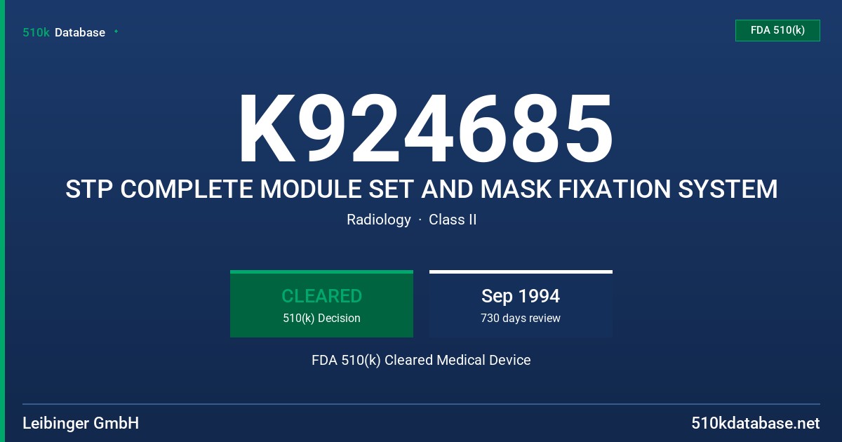 K924685 STP COMPLETE MODULE SET AND MASK FIXATION SYSTEM FDA 510(k) Cleared Medical Device