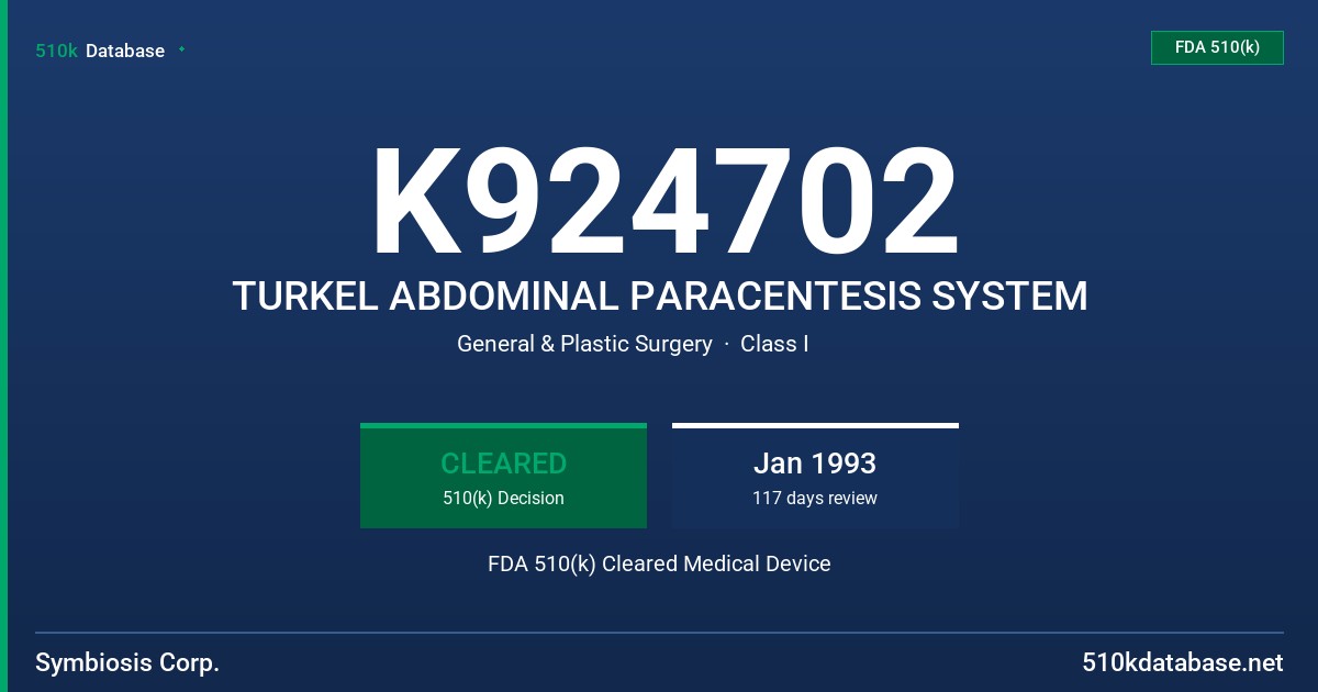 K924702 TURKEL ABDOMINAL PARACENTESIS SYSTEM FDA 510(k) Cleared Medical Device