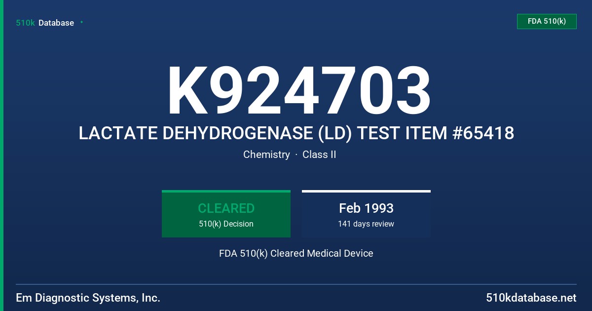 K924703 LACTATE DEHYDROGENASE (LD) TEST ITEM #65418 FDA 510(k) Cleared Medical Device