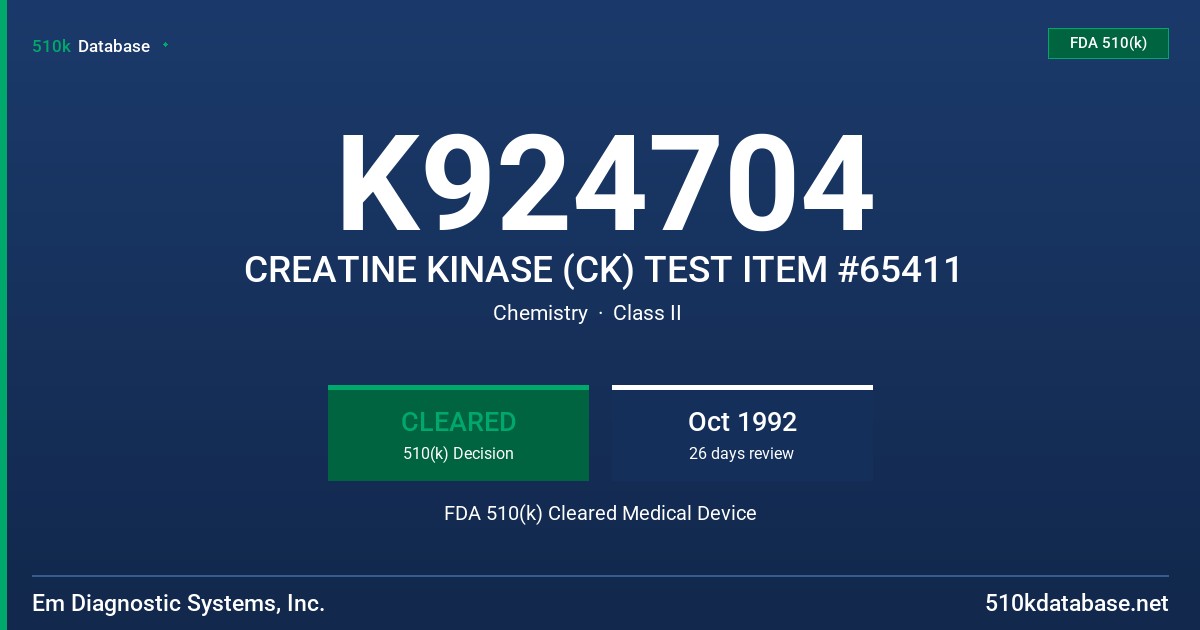 K924704 CREATINE KINASE (CK) TEST ITEM #65411 FDA 510(k) Cleared Medical Device