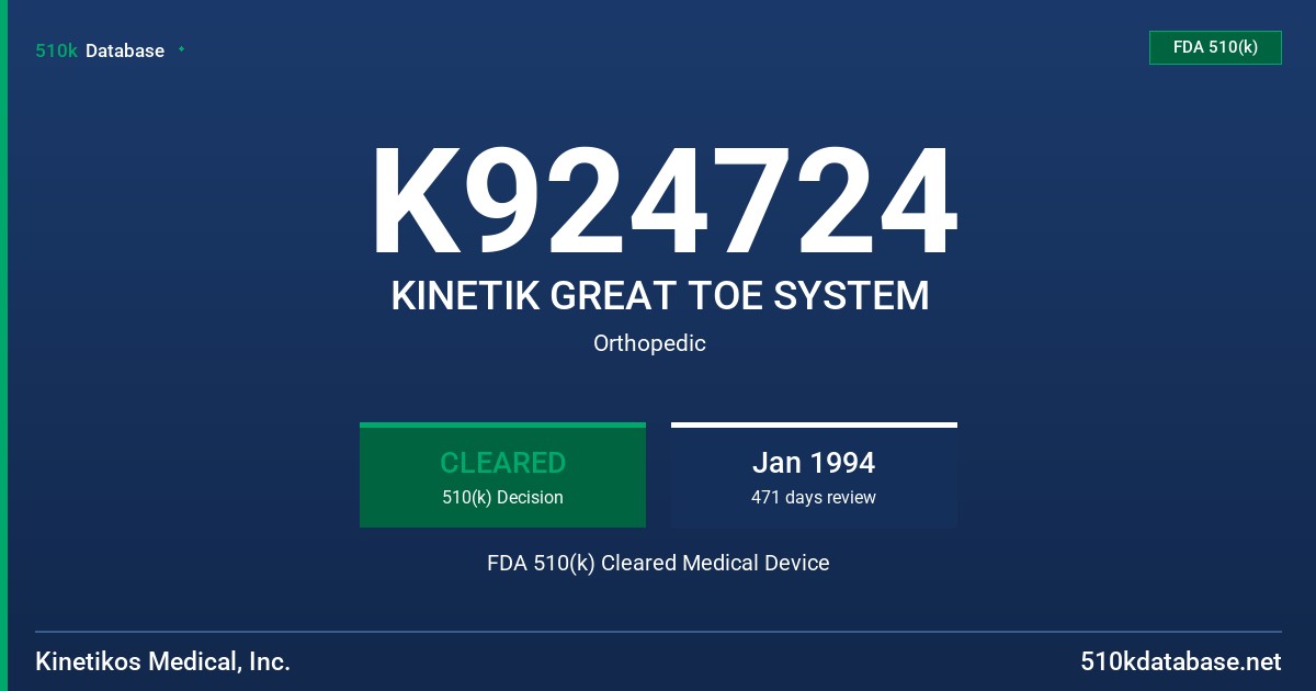 K924724 KINETIK GREAT TOE SYSTEM FDA 510(k) Cleared Medical Device