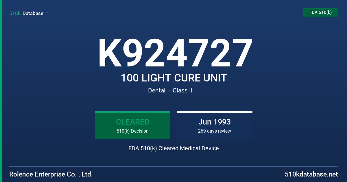 K924727 100 LIGHT CURE UNIT FDA 510(k) Cleared Medical Device