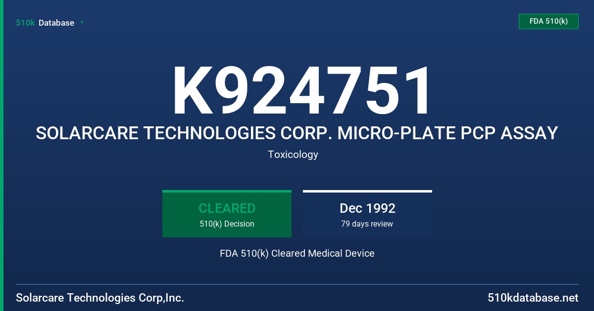 K924751 SOLARCARE TECHNOLOGIES CORP. MICRO-PLATE PCP ASSAY FDA 510(k) Cleared Medical Device