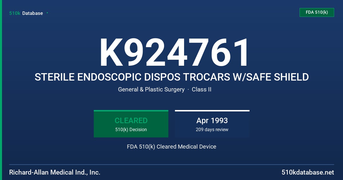 K924761 STERILE ENDOSCOPIC DISPOS TROCARS W/SAFE SHIELD FDA 510(k) Cleared Medical Device