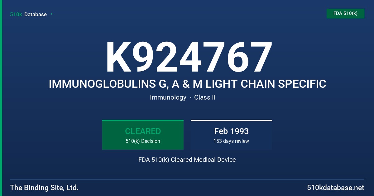 K924767 IMMUNOGLOBULINS G, A & M LIGHT CHAIN SPECIFIC FDA 510(k) Cleared Medical Device