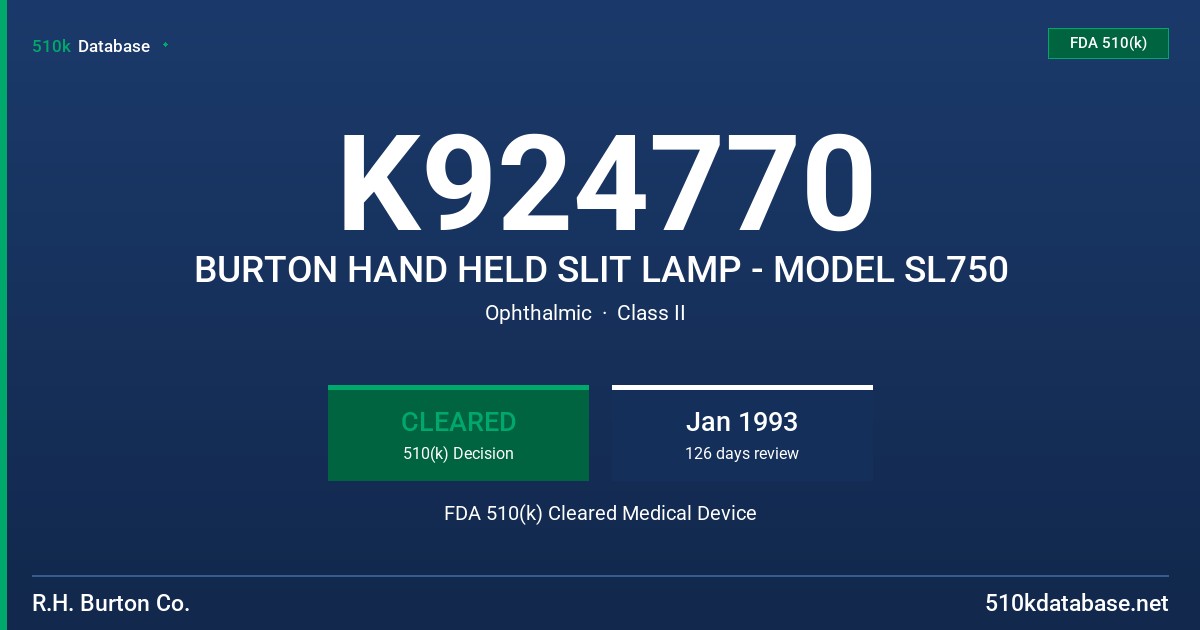 K924770 BURTON HAND HELD SLIT LAMP - MODEL SL750 FDA 510(k) Cleared Medical Device