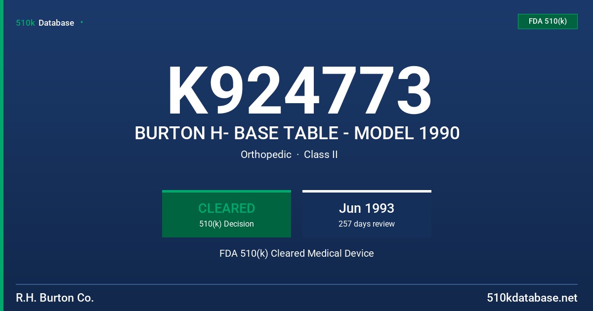 K924773 BURTON H- BASE TABLE - MODEL 1990 FDA 510(k) Cleared Medical Device