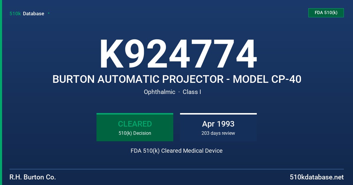 K924774 BURTON AUTOMATIC PROJECTOR - MODEL CP-40 FDA 510(k) Cleared Medical Device