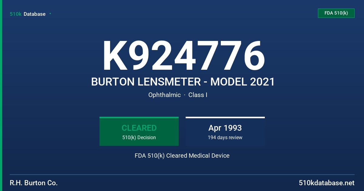 K924776 BURTON LENSMETER - MODEL 2021 FDA 510(k) Cleared Medical Device