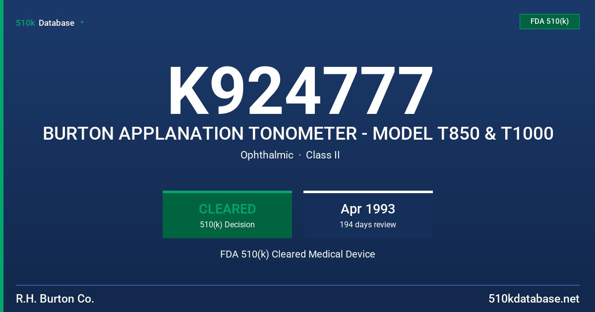 K924777 BURTON APPLANATION TONOMETER - MODEL T850 & T1000 FDA 510(k) Cleared Medical Device