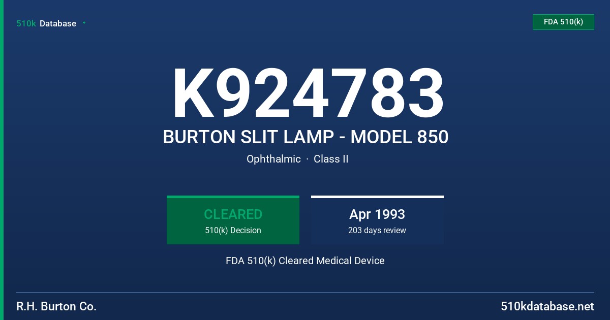 K924783 BURTON SLIT LAMP - MODEL 850 FDA 510(k) Cleared Medical Device