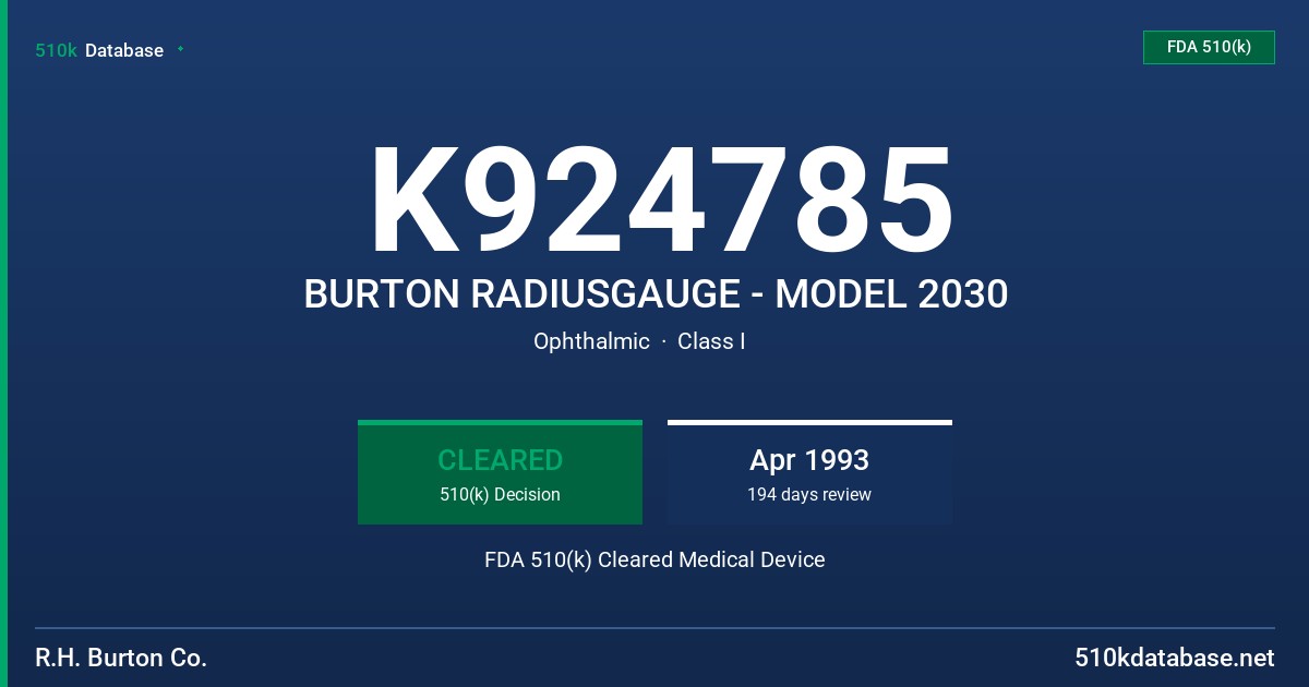 K924785 BURTON RADIUSGAUGE - MODEL 2030 FDA 510(k) Cleared Medical Device