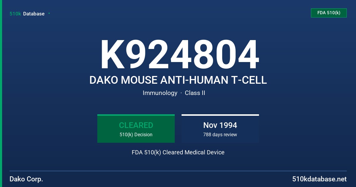 K924804 DAKO MOUSE ANTI-HUMAN T-CELL FDA 510(k) Cleared Medical Device