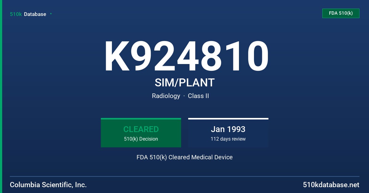 K924810 SIM/PLANT FDA 510(k) Cleared Medical Device