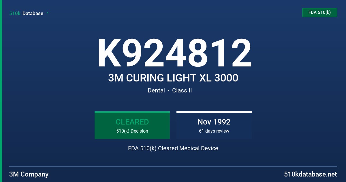 K924812 3M CURING LIGHT XL 3000 FDA 510(k) Cleared Medical Device