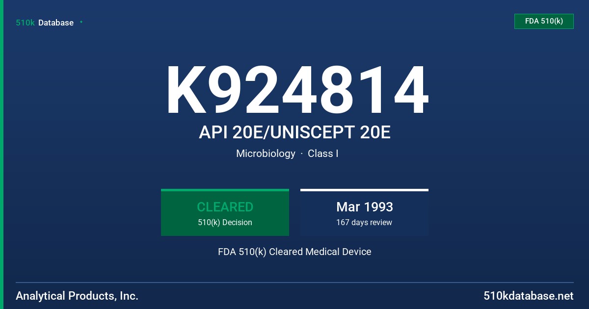 K924814 API 20E/UNISCEPT 20E FDA 510(k) Cleared Medical Device