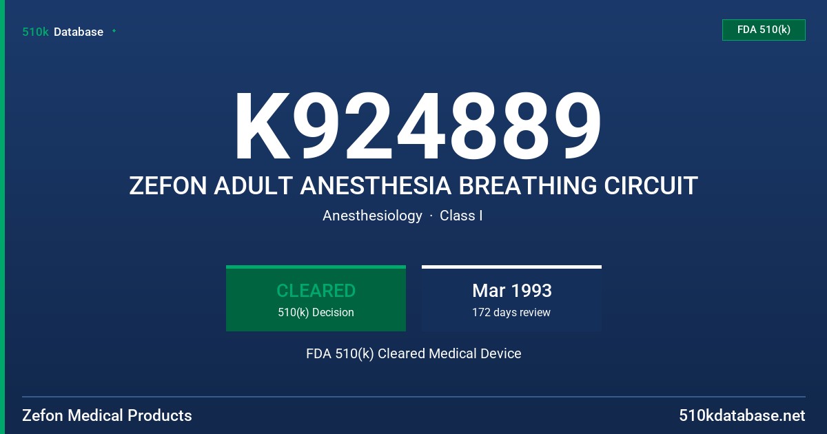 K924889 ZEFON ADULT ANESTHESIA BREATHING CIRCUIT FDA 510(k) Cleared Medical Device