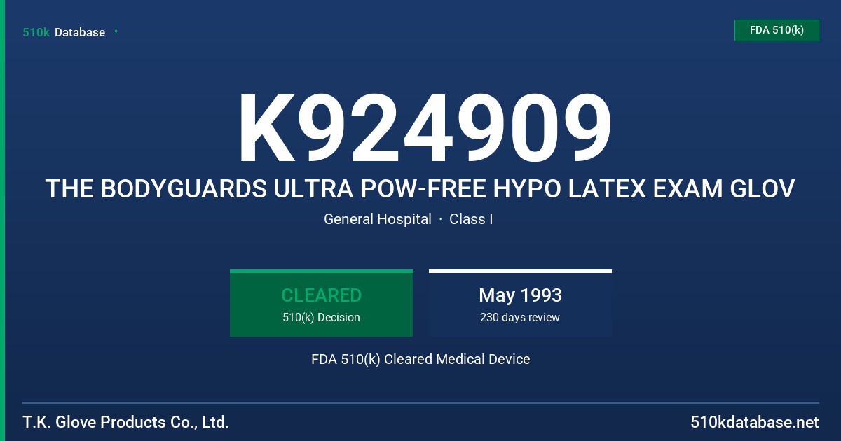 K924909 THE BODYGUARDS ULTRA POW-FREE HYPO LATEX EXAM GLOV FDA 510(k) Cleared Medical Device