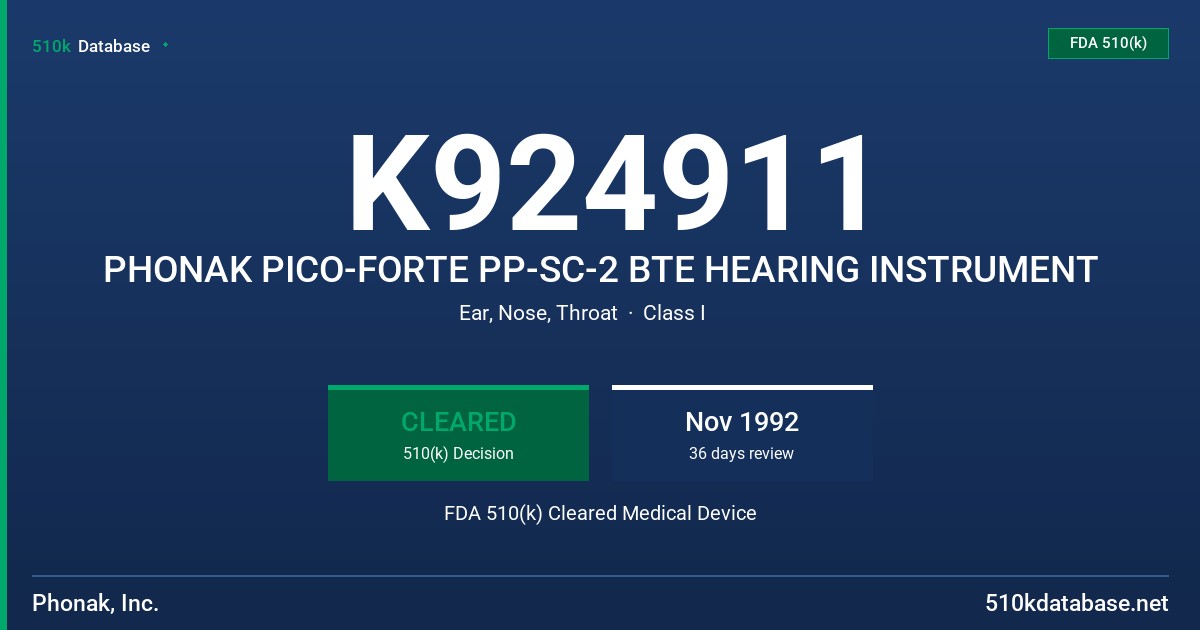 K924911 PHONAK PICO-FORTE PP-SC-2 BTE HEARING INSTRUMENT FDA 510(k) Cleared Medical Device