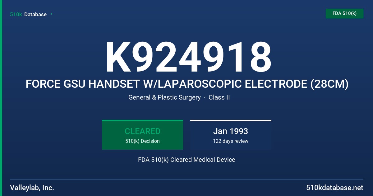 K924918 FORCE GSU HANDSET W/LAPAROSCOPIC ELECTRODE (28CM) FDA 510(k) Cleared Medical Device