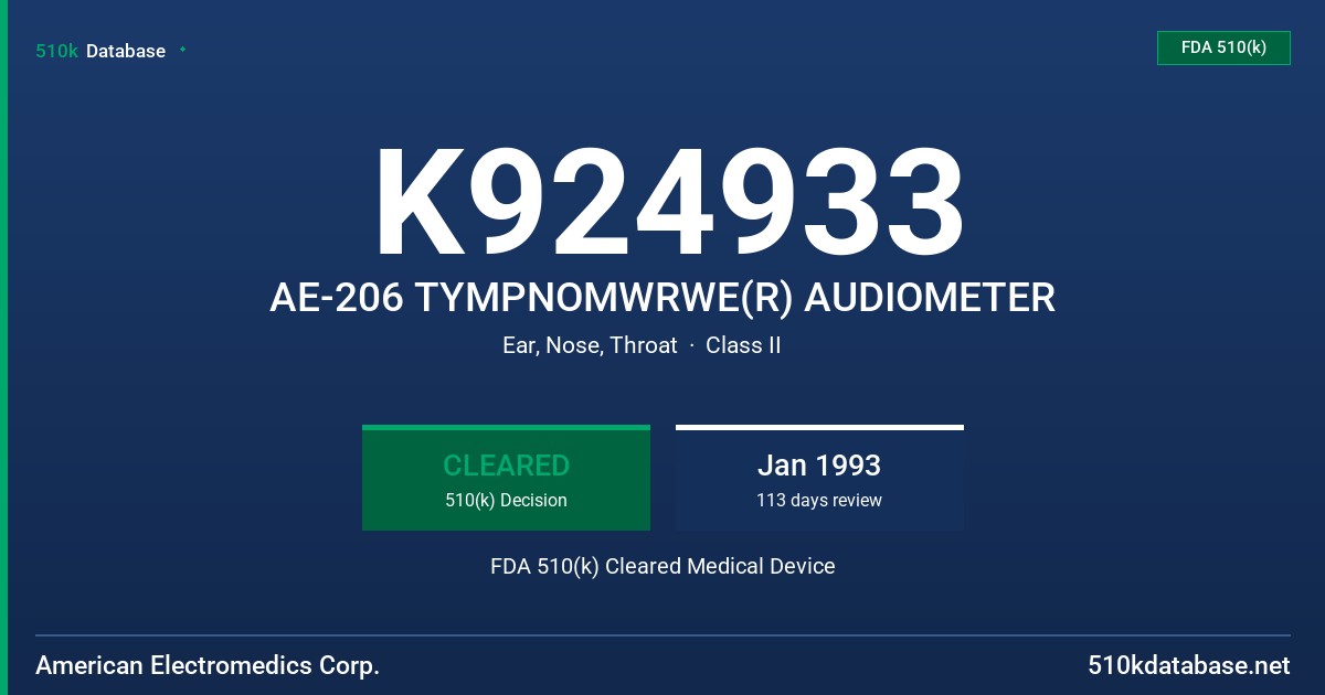 K924933 AE-206 TYMPNOMWRWE(R) AUDIOMETER FDA 510(k) Cleared Medical Device