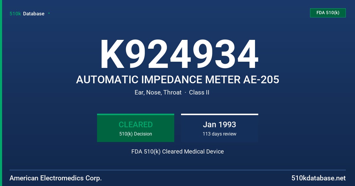K924934 AUTOMATIC IMPEDANCE METER AE-205 FDA 510(k) Cleared Medical Device