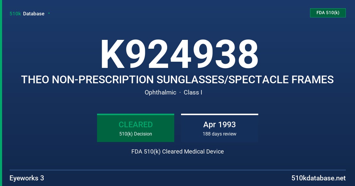 K924938 THEO NON-PRESCRIPTION SUNGLASSES/SPECTACLE FRAMES FDA 510(k) Cleared Medical Device