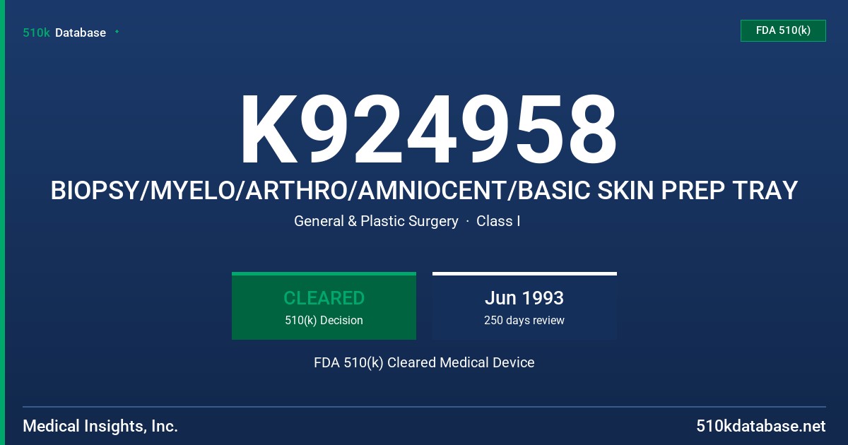 K924958 BIOPSY/MYELO/ARTHRO/AMNIOCENT/BASIC SKIN PREP TRAY FDA 510(k) Cleared Medical Device