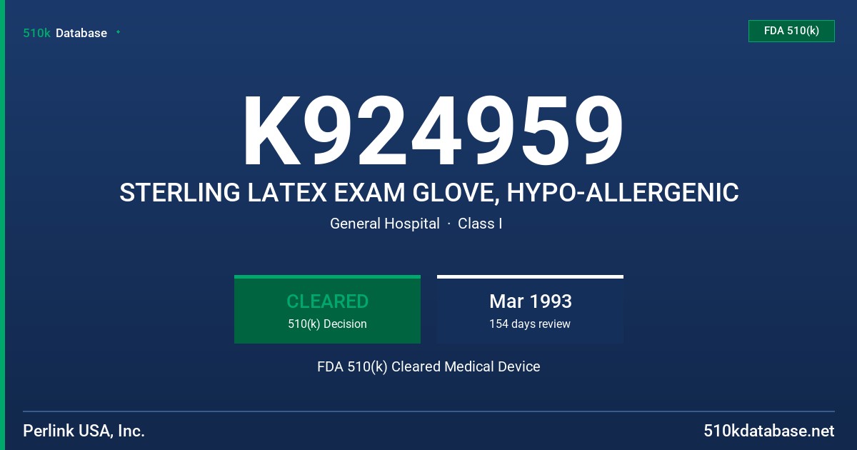 K924959 STERLING LATEX EXAM GLOVE, HYPO-ALLERGENIC FDA 510(k) Cleared Medical Device