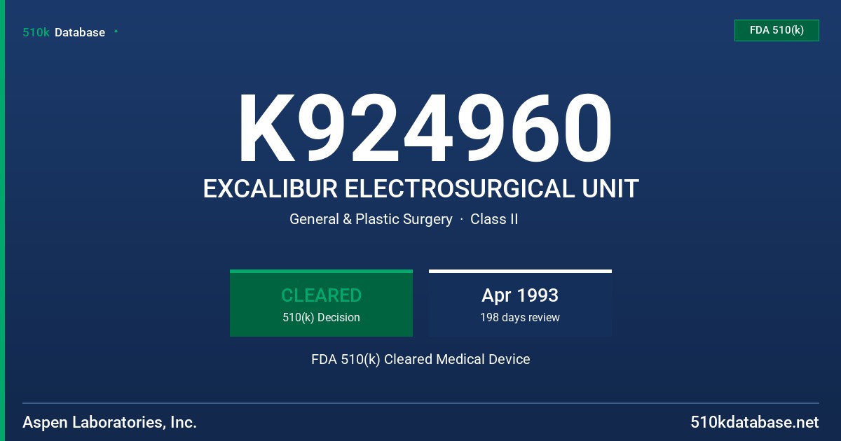 K924960 EXCALIBUR ELECTROSURGICAL UNIT FDA 510(k) Cleared Medical Device