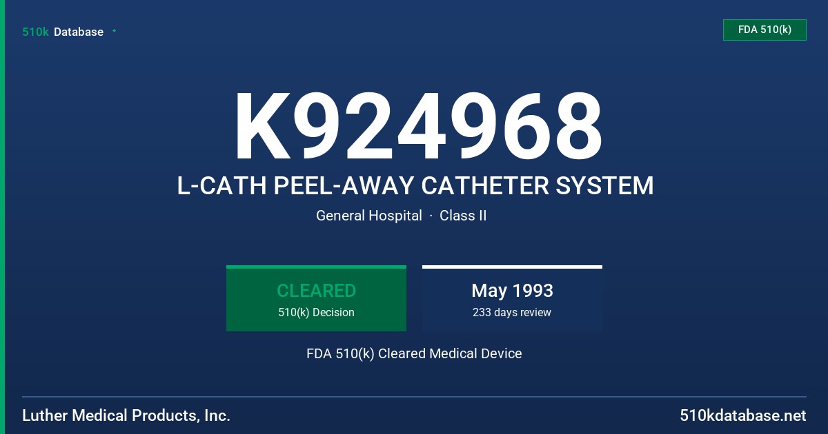 K924968 L-CATH PEEL-AWAY CATHETER SYSTEM FDA 510(k) Cleared Medical Device