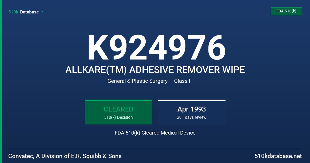 K924976 ALLKARE(TM) ADHESIVE REMOVER WIPE FDA 510(k) Cleared Medical Device