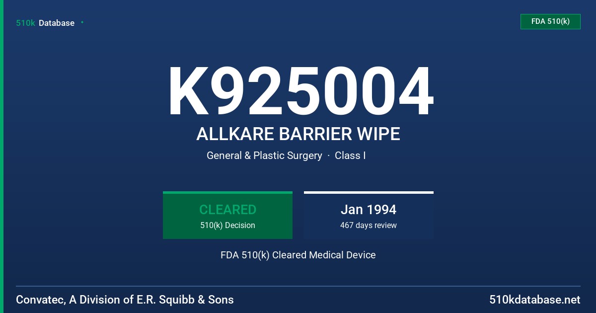 K925004 ALLKARE BARRIER WIPE FDA 510(k) Cleared Medical Device