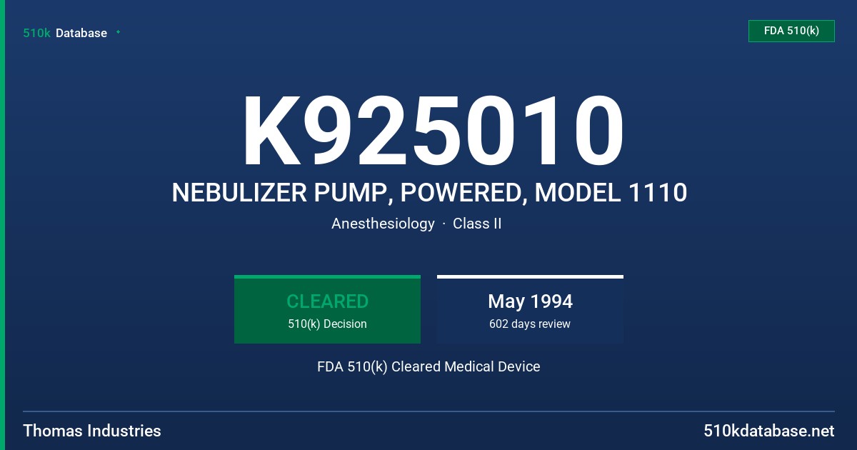 K925010 NEBULIZER PUMP, POWERED, MODEL 1110 FDA 510(k) Cleared Medical Device