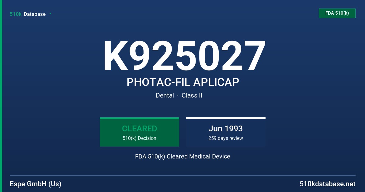 K925027 PHOTAC-FIL APLICAP FDA 510(k) Cleared Medical Device