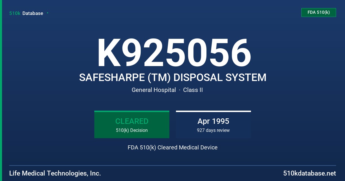 K925056 SAFESHARPE (TM) DISPOSAL SYSTEM FDA 510(k) Cleared Medical Device