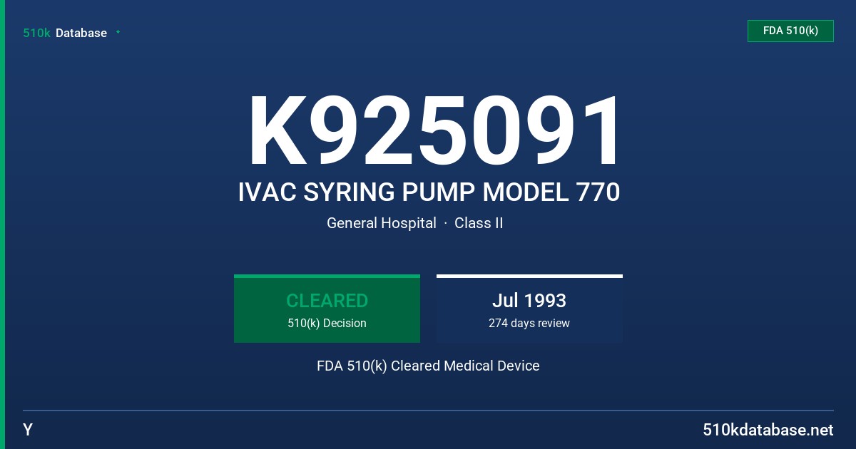 K925091 IVAC SYRING PUMP MODEL 770 FDA 510(k) Cleared Medical Device