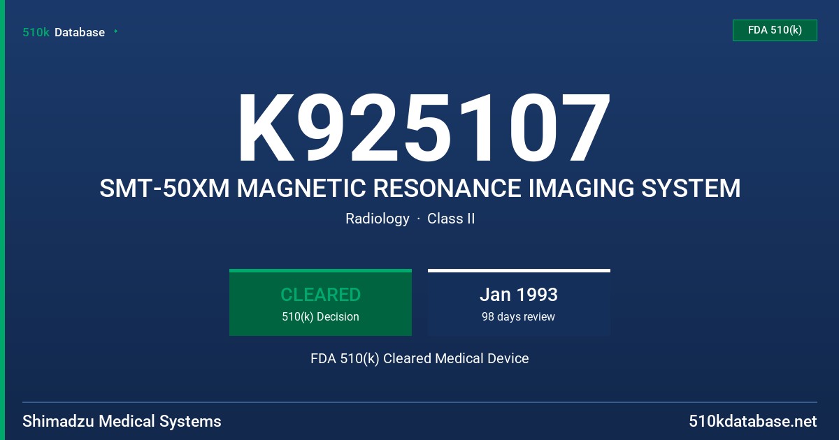 K925107 SMT-50XM MAGNETIC RESONANCE IMAGING SYSTEM FDA 510(k) Cleared Medical Device