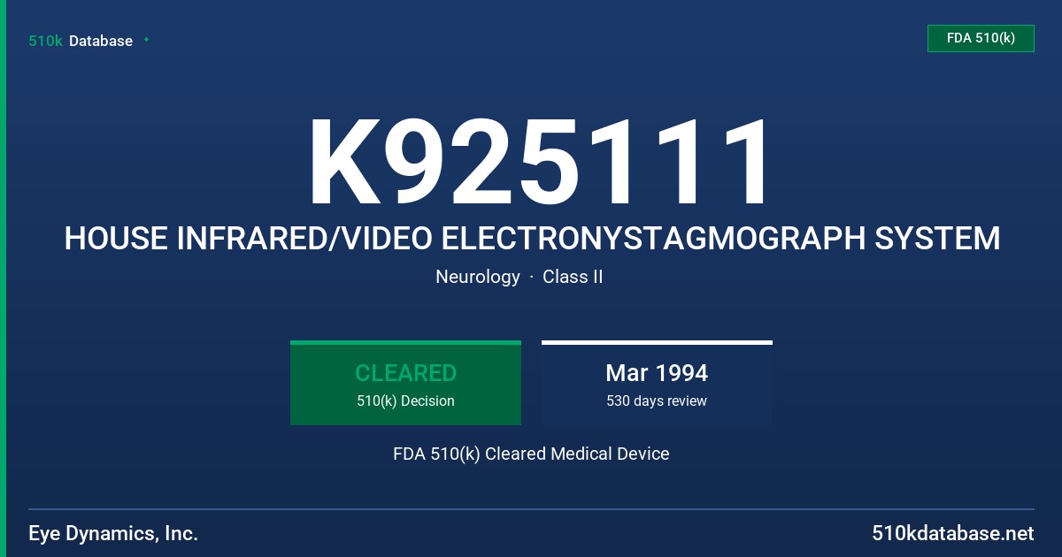 K925111 HOUSE INFRARED/VIDEO ELECTRONYSTAGMOGRAPH SYSTEM FDA 510(k) Cleared Medical Device