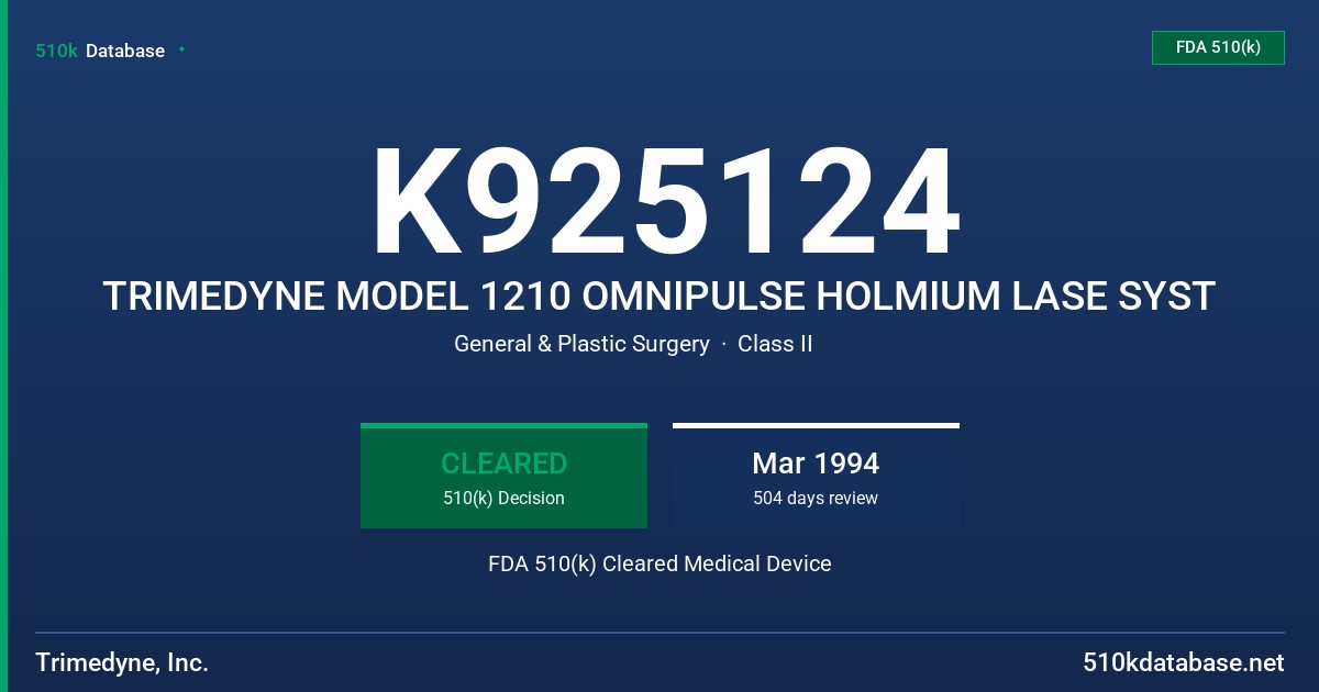 K925124 TRIMEDYNE MODEL 1210 OMNIPULSE HOLMIUM LASE SYST FDA 510(k) Cleared Medical Device