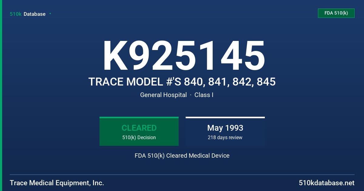 K925145 TRACE MODEL #'S 840, 841, 842, 845 FDA 510(k) Cleared Medical Device