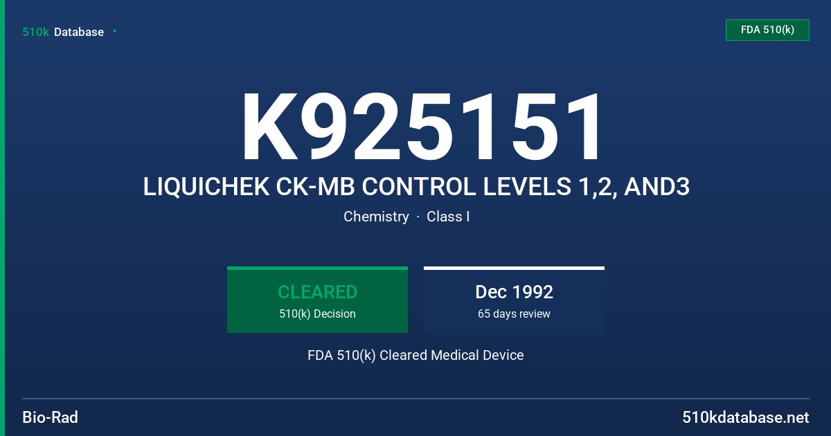 K925151 LIQUICHEK CK-MB CONTROL LEVELS 1,2, AND3 FDA 510(k) Cleared Medical Device