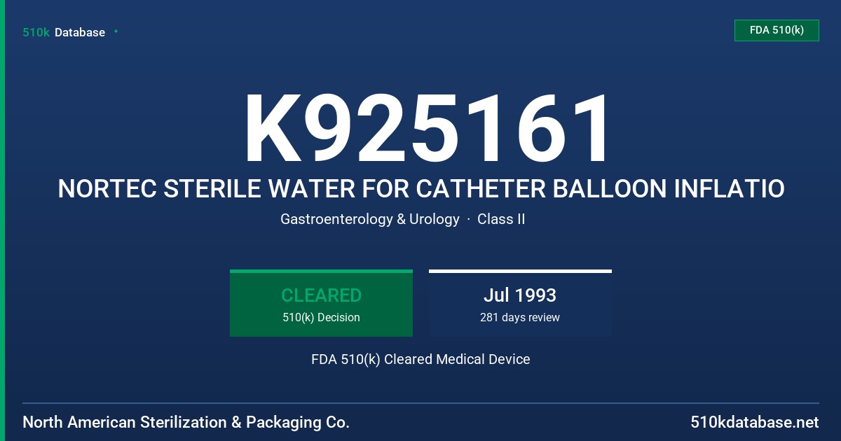 K925161 NORTEC STERILE WATER FOR CATHETER BALLOON INFLATIO FDA 510(k) Cleared Medical Device