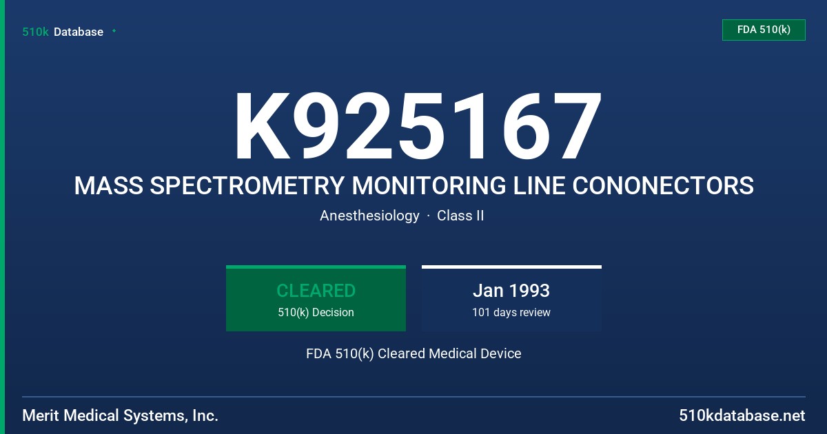 K925167 MASS SPECTROMETRY MONITORING LINE CONONECTORS FDA 510(k) Cleared Medical Device