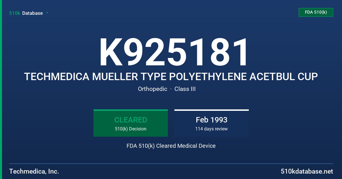 K925181 TECHMEDICA MUELLER TYPE POLYETHYLENE ACETBUL CUP FDA 510(k) Cleared Medical Device