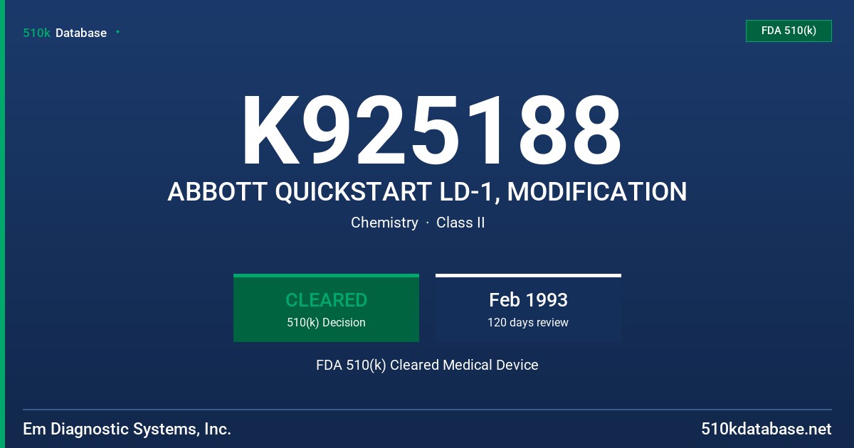 K925188 ABBOTT QUICKSTART LD-1, MODIFICATION FDA 510(k) Cleared Medical Device