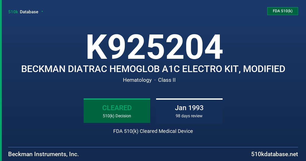 K925204 BECKMAN DIATRAC HEMOGLOB A1C ELECTRO KIT, MODIFIED FDA 510(k) Cleared Medical Device