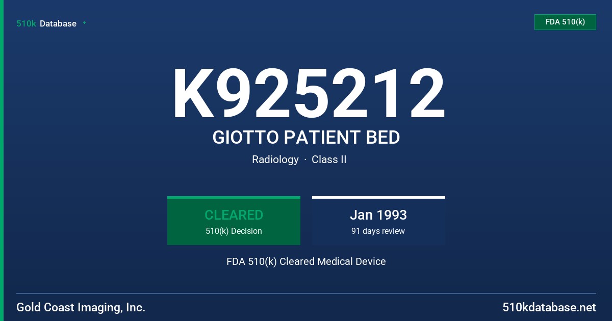 K925212 GIOTTO PATIENT BED FDA 510(k) Cleared Medical Device