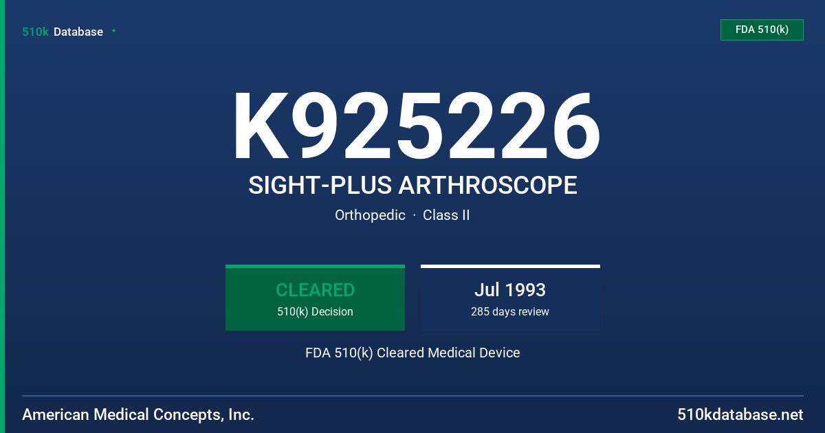 K925226 SIGHT-PLUS ARTHROSCOPE FDA 510(k) Cleared Medical Device