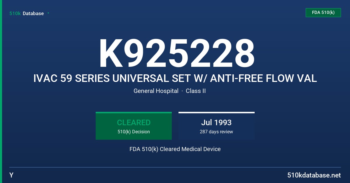 K925228 IVAC 59 SERIES UNIVERSAL SET W/ ANTI-FREE FLOW VAL FDA 510(k) Cleared Medical Device